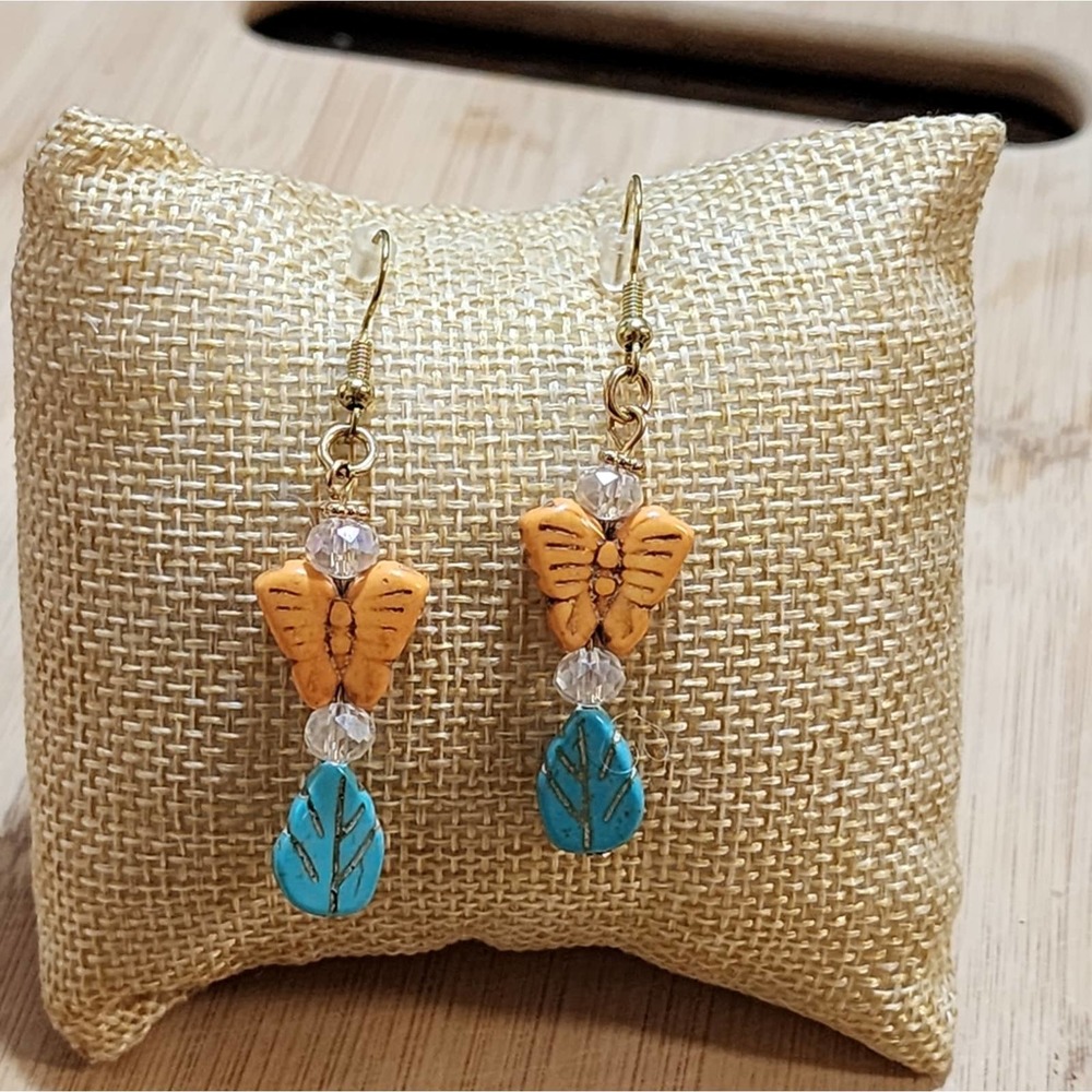 Handmade jeweled butterfly and leaf dangle earrings new!!